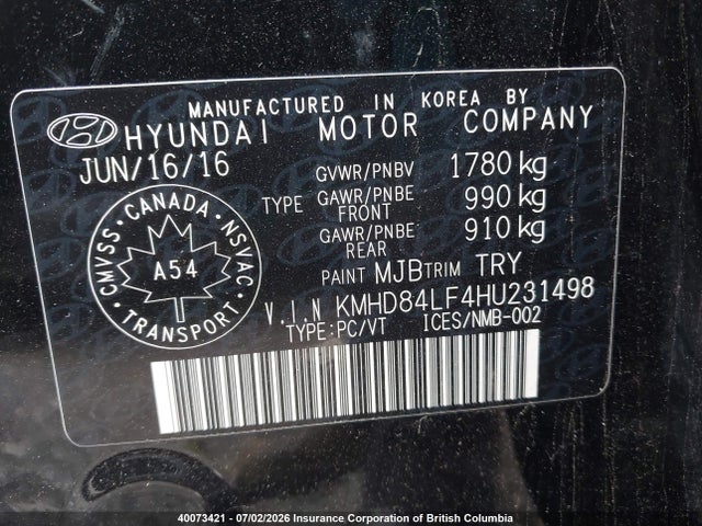40073421 :رقم المزاد ، KMHD84LF4HU231498 vin ، 2017 Hyundai Elantra Se/value/limited مزاد بيع