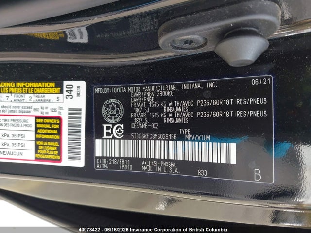 2021 Toyota Sienna Le/xle/xse/limited/platinum მანქანა იყიდება აუქციონზე, vin: 5TDGSKFC8MS029156, აუქციონის ნომერი: 40073422
