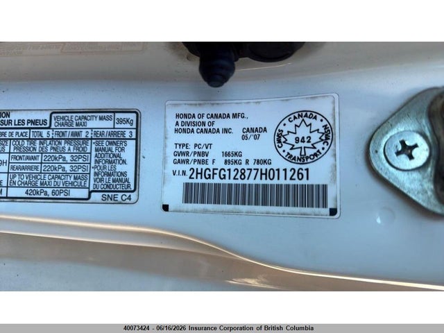 Продаж на аукціоні авто 2007 Honda Civic, vin: 2HGFG12877H011261, номер лоту: 40073424