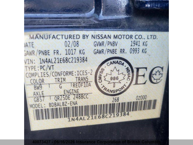 Продаж на аукціоні авто 2008 Nissan Altima 2.5/2.5s, vin: 1N4AL21E68C219384, номер лоту: 40073427