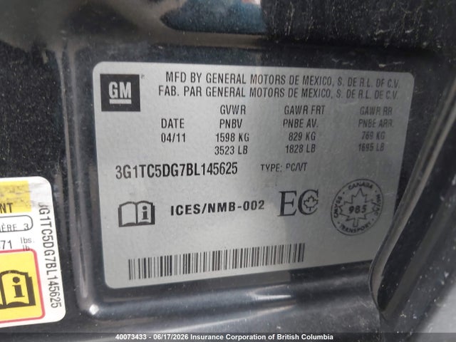 2011 Chevrolet Aveo მანქანა იყიდება აუქციონზე, vin: 3G1TC5DG7BL145625, აუქციონის ნომერი: 40073433