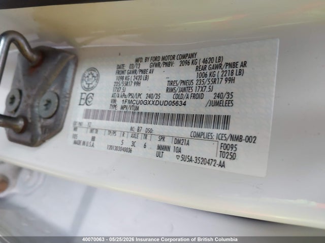 40070063 :رقم المزاد ، 1FMCU0GXXDUD05634 vin ، 2013 Ford Escape Se مزاد بيع