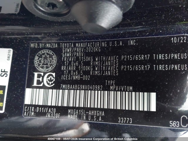 40067159 :رقم المزاد ، 7MUBAABG9NV040982 vin ، 2022 Toyota Corolla Cross Le مزاد بيع