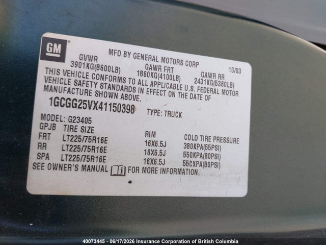 40073445 :رقم المزاد ، 1GCGG25VX41150398 vin ، 2004 Chevrolet Express مزاد بيع