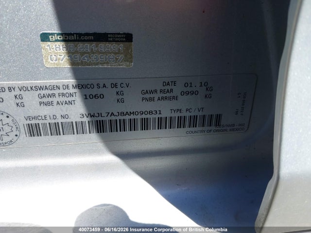 40073459 :رقم المزاد ، 3VWJL7AJ8AM090831 vin ، 2010 Volkswagen Jetta مزاد بيع