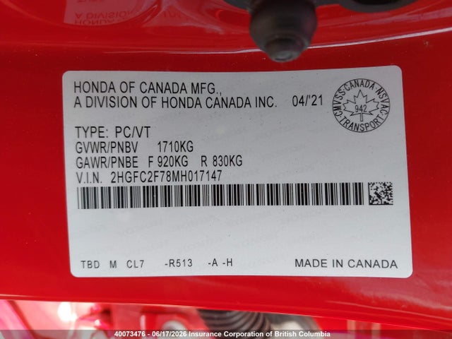 2HGFC2F78MH017147 Honda Civic