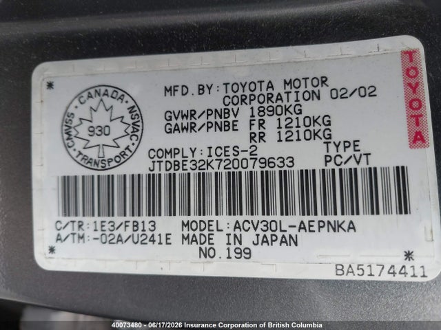 2002 Toyota Camry მანქანა იყიდება აუქციონზე, vin: JTDBE32K720079633, აუქციონის ნომერი: 40073480