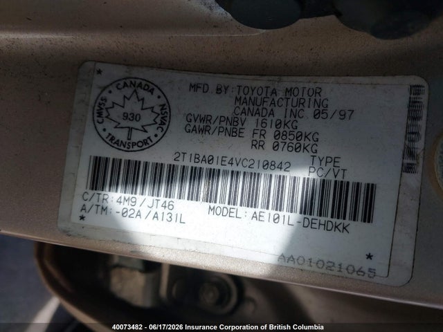 1997 Toyota Corolla მანქანა იყიდება აუქციონზე, vin: 2T1BA01E4VC210842, აუქციონის ნომერი: 40073482