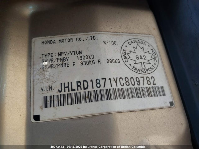 Продаж на аукціоні авто 2000 Honda Cr-v, vin: JHLRD1871YC809782, номер лоту: 40073483
