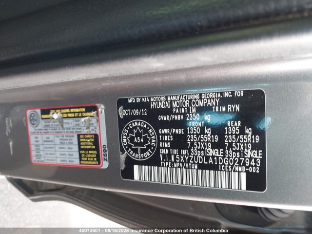 2013 Hyundai Santa Fe Sport მანქანა იყიდება აუქციონზე, vin: 5XYZUDLA1DG027943, აუქციონის ნომერი: 40073501