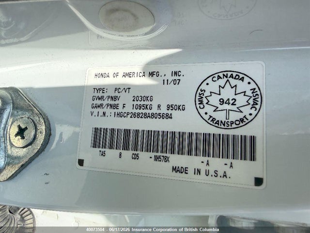 Продажа на аукционе авто 2008 Honda Accord Ex-l, vin: 1HGCP26828A805684, номер лота: 40073504