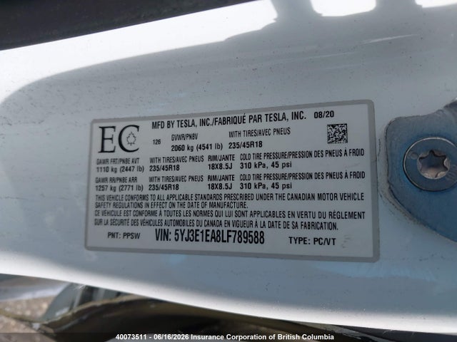 Tesla MODEL 3 2020 5YJ3E1EA8LF789588 Image 9