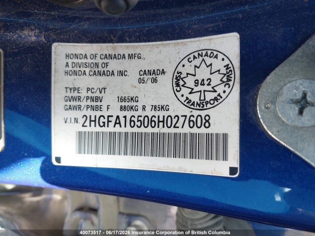 Продаж на аукціоні авто 2006 Honda Civic, vin: 2HGFA16506H027608, номер лоту: 40073517