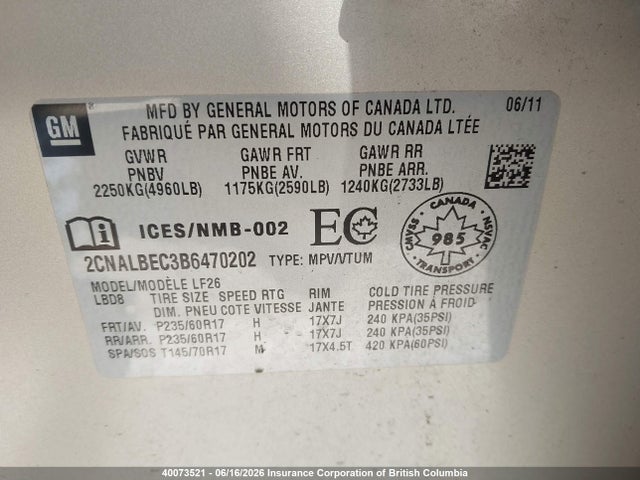 2011 Chevrolet Equinox Ls მანქანა იყიდება აუქციონზე, vin: 2CNALBEC3B6470202, აუქციონის ნომერი: 40073521