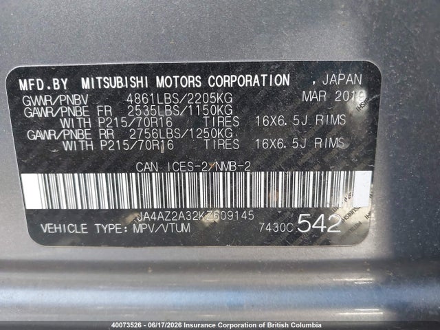 Продаж на аукціоні авто 2019 Mitsubishi Outlander Es, vin: JA4AZ2A32KZ609145, номер лоту: 40073526