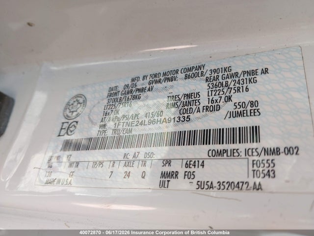 40072870 :رقم المزاد ، 1FTNE24L96HA91335 vin ، 2006 Ford Econoline E250 Van مزاد بيع