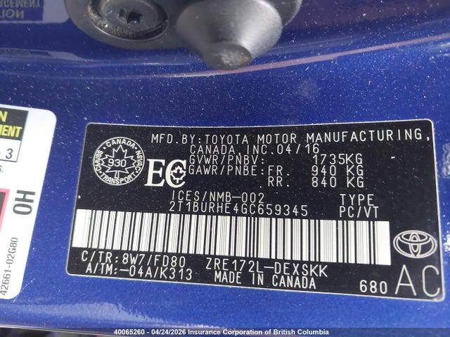 2T1BURHE4GC659345 Toyota Corolla S