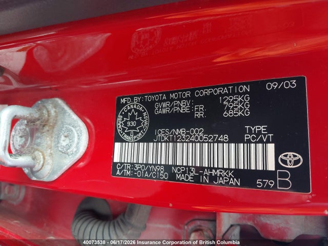 2004 Toyota Echo მანქანა იყიდება აუქციონზე, vin: JTDKT123240052748, აუქციონის ნომერი: 40073538