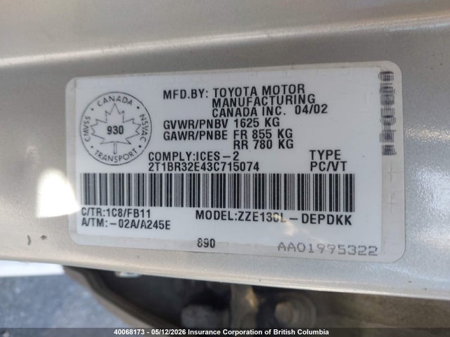 40068173 :رقم المزاد ، 2T1BR32E43C715074 vin ، 2003 Toyota Corolla Ce/le/s مزاد بيع