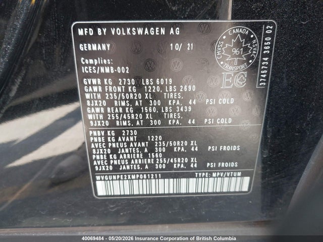 40069484 :رقم المزاد ، WVGUNPE2XMP061211 vin ، 2021 Volkswagen Id.4 Pro S مزاد بيع