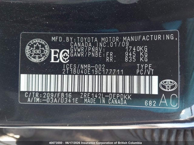 2009 Toyota Corolla S/le/xle მანქანა იყიდება აუქციონზე, vin: 2T1BU40E19C177711, აუქციონის ნომერი: 40073550
