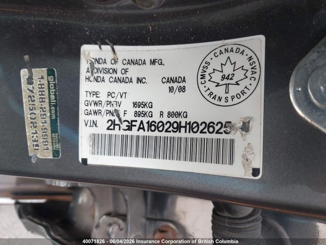 Продаж на аукціоні авто 2009 Honda Civic Exl, vin: 2HGFA16029H102625, номер лоту: 40071826