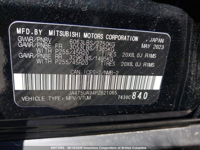 40073560 :رقم المزاد ، JA4T5UA94PZ621065 vin ، 2023 Mitsubishi Outlander Se/se Technology/ralliart مزاد بيع