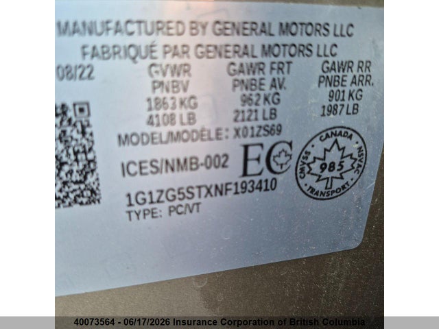 2022 Chevrolet Malibu Rs მანქანა იყიდება აუქციონზე, vin: 1G1ZG5STXNF193410, აუქციონის ნომერი: 40073564