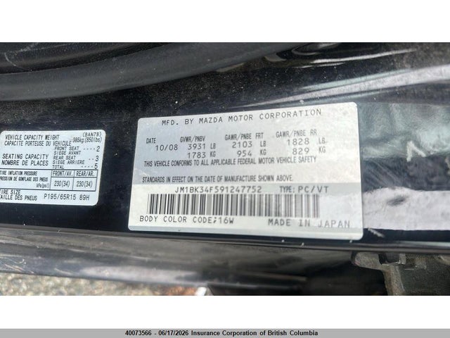 Продаж на аукціоні авто 2009 Mazda 3 Mazda Gx, vin: JM1BK34F591247752, номер лоту: 40073566