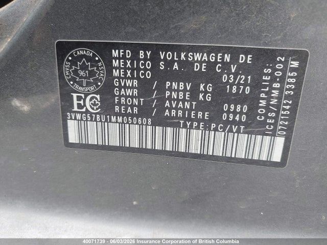 3VWG57BU1MM050608 Volkswagen Jetta Sel Premium