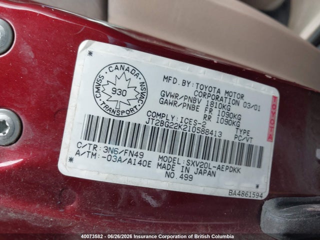 2001 Toyota Camry მანქანა იყიდება აუქციონზე, vin: JT2BG22K210588413, აუქციონის ნომერი: 40073582