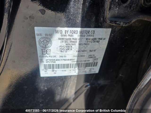 Продажа на аукционе авто 2007 Ford Edge, vin: 2FMDK49C17BA84687, номер лота: 40073585