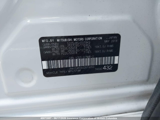 Aukcja sprzedaży 2018 Mitsubishi Outlander Se/gt, vin: JA4J24A59JZ619350, numer aukcji: 40073587