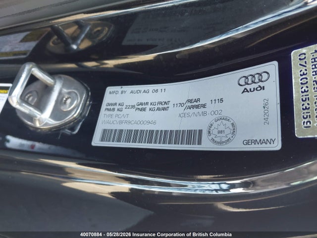 2012 Audi S5 Premium Plus მანქანა იყიდება აუქციონზე, vin: WAUCVBFR9CA000946, აუქციონის ნომერი: 40070884