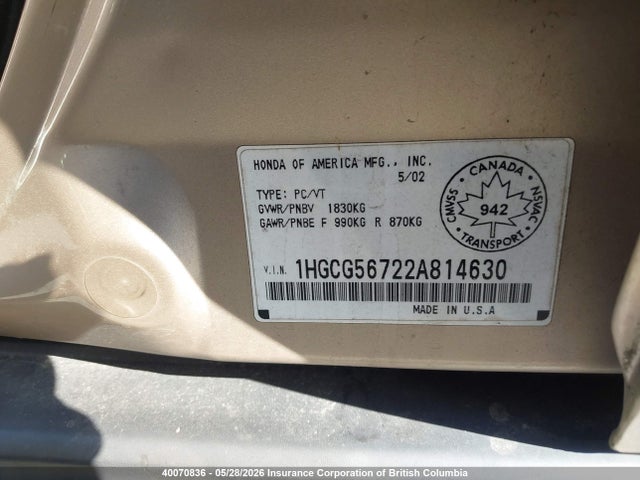 Продаж на аукціоні авто 2002 Honda Accord Se, vin: 1HGCG56722A814630, номер лоту: 40070836