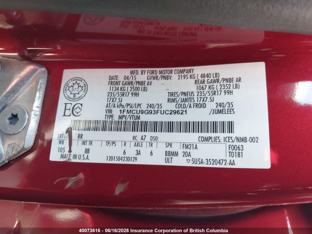 Ford ESCAPE SE 2015 1FMCU9G93FUC29621 Image 9