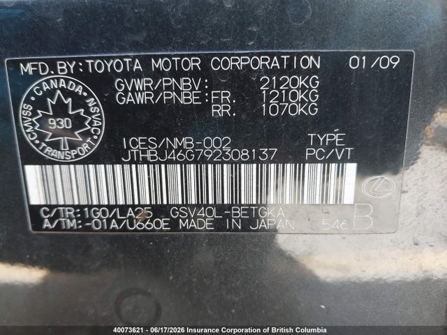Продажа на аукционе авто 2009 Lexus Es350, vin: JTHBJ46G792308137, номер лота: 40073621