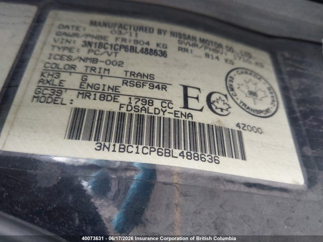 2011 Nissan Versa მანქანა იყიდება აუქციონზე, vin: 3N1BC1CP6BL488636, აუქციონის ნომერი: 40073631