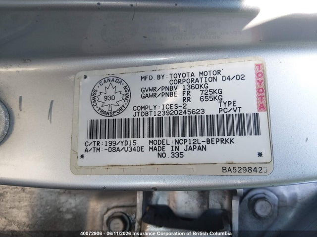 2002 Toyota Echo მანქანა იყიდება აუქციონზე, vin: JTDBT123920245623, აუქციონის ნომერი: 40072906