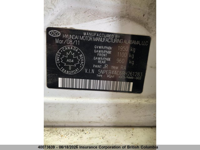 2011 Hyundai Sonata Gls მანქანა იყიდება აუქციონზე, vin: 5NPEB4AC6BH261283, აუქციონის ნომერი: 40073639