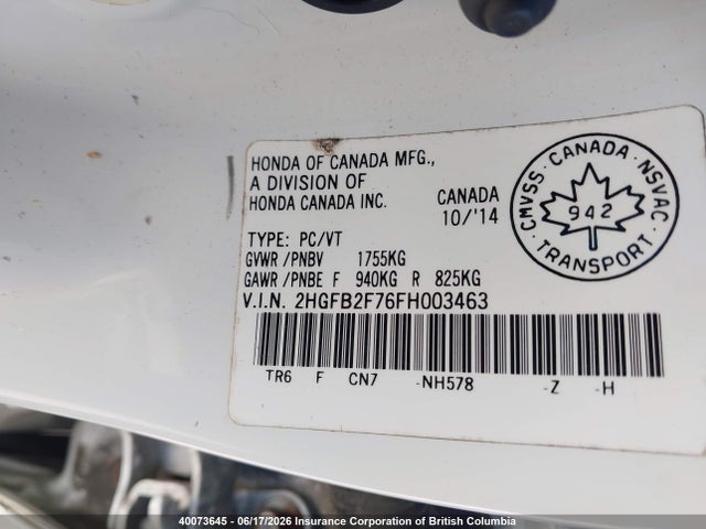 Honda Civic 2015 2HGFB2F76FH003463 Image 9