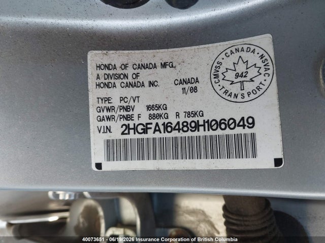 Продаж на аукціоні авто 2009 Honda Civic, vin: 2HGFA16489H106049, номер лоту: 40073651