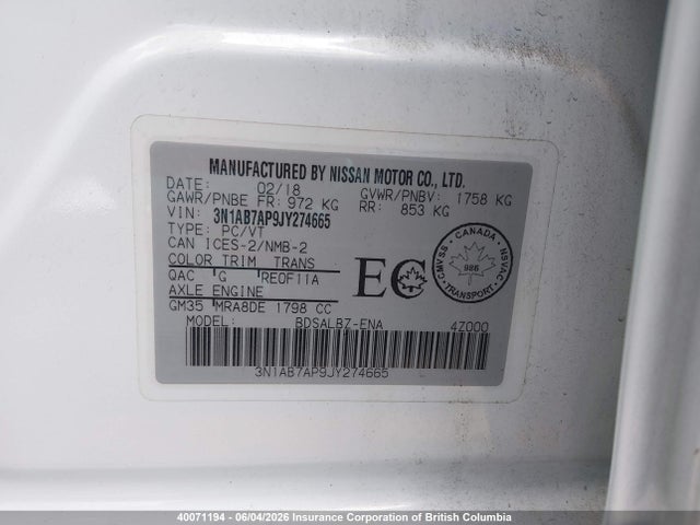 Продаж на аукціоні авто 2018 Nissan Sentra S/sv/sr/sl, vin: 3N1AB7AP9JY274665, номер лоту: 40071194