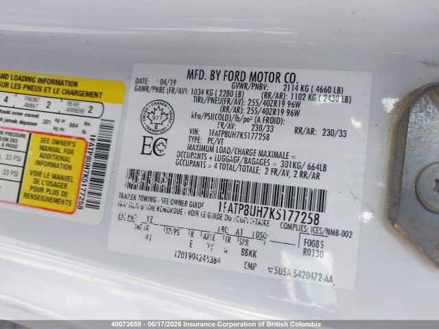 Продаж на аукціоні авто 2019 Ford Mustang, vin: 1FATP8UH7K5177258, номер лоту: 40073659