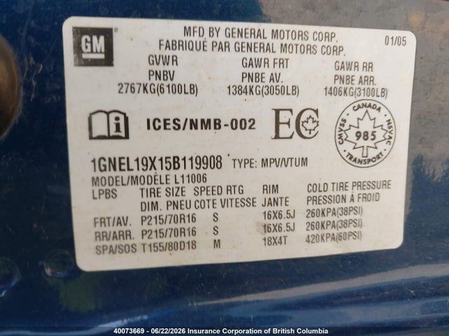 40073669 :رقم المزاد ، 1GNEL19X15B119908 vin ، 2005 Chevrolet Astro مزاد بيع