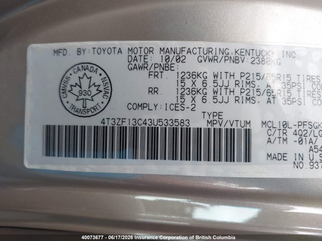 2003 Toyota Sienna Le/xle მანქანა იყიდება აუქციონზე, vin: 4T3ZF13C43U533583, აუქციონის ნომერი: 40073677