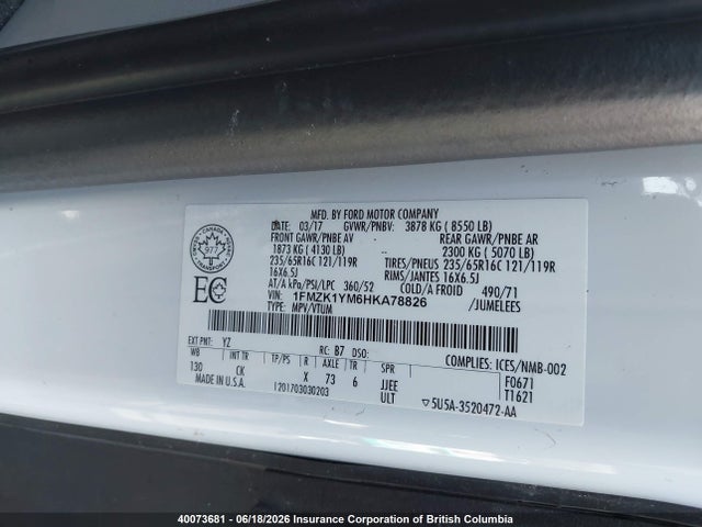 Продажа на аукционе авто 2017 Ford Transit T-150, vin: 1FMZK1YM6HKA78826, номер лота: 40073681
