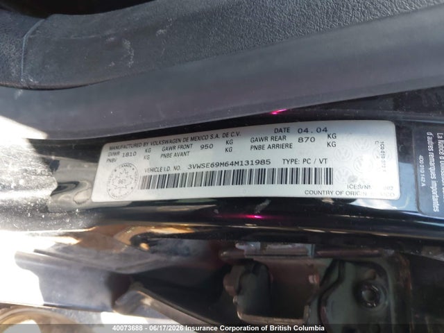 40073688 :رقم المزاد ، 3VWSE69M64M131985 vin ، 2004 Volkswagen Jetta مزاد بيع