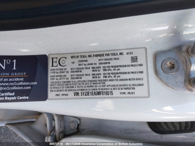 Tesla MODEL 3 2021 5YJ3E1EA5MF016515 Image 9