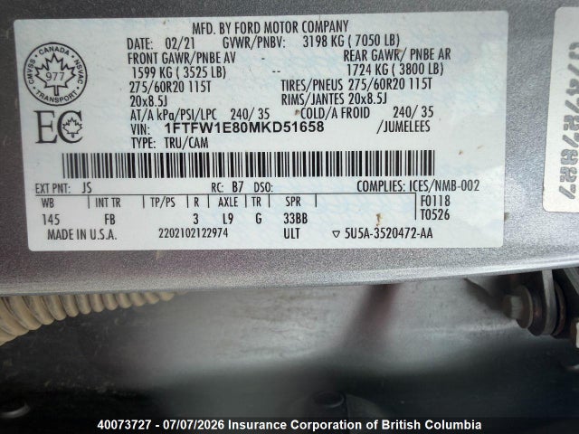 40073727 :رقم المزاد ، 1FTFW1E80MKD51658 vin ، 2021 Ford F150 مزاد بيع
